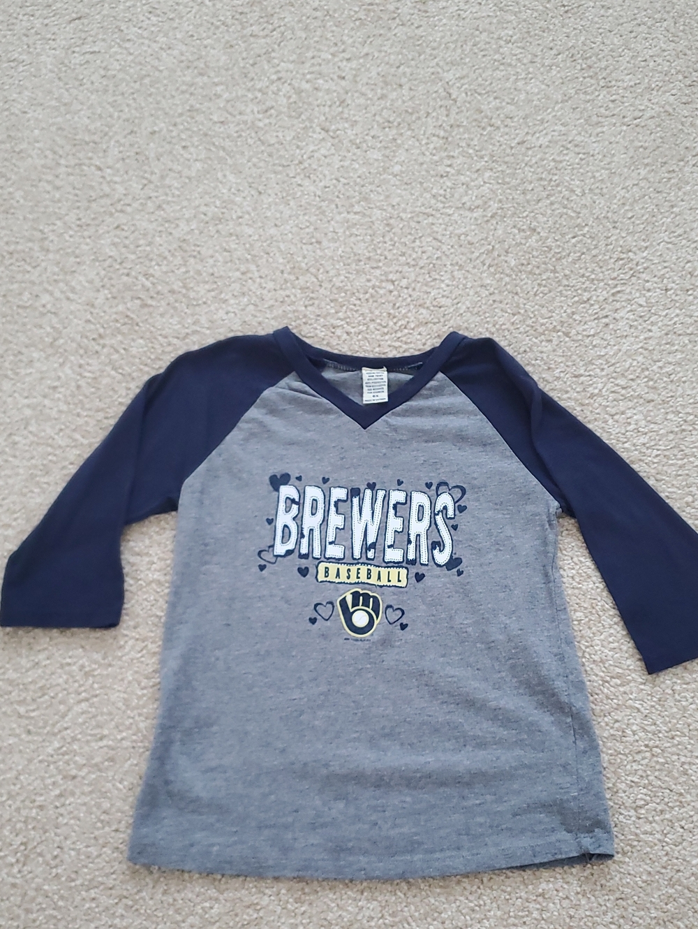 Milwaukee Brewers Baseball Kids Raglan Tee - 3/4 Sleeve- Gray & Navy, Size 6x